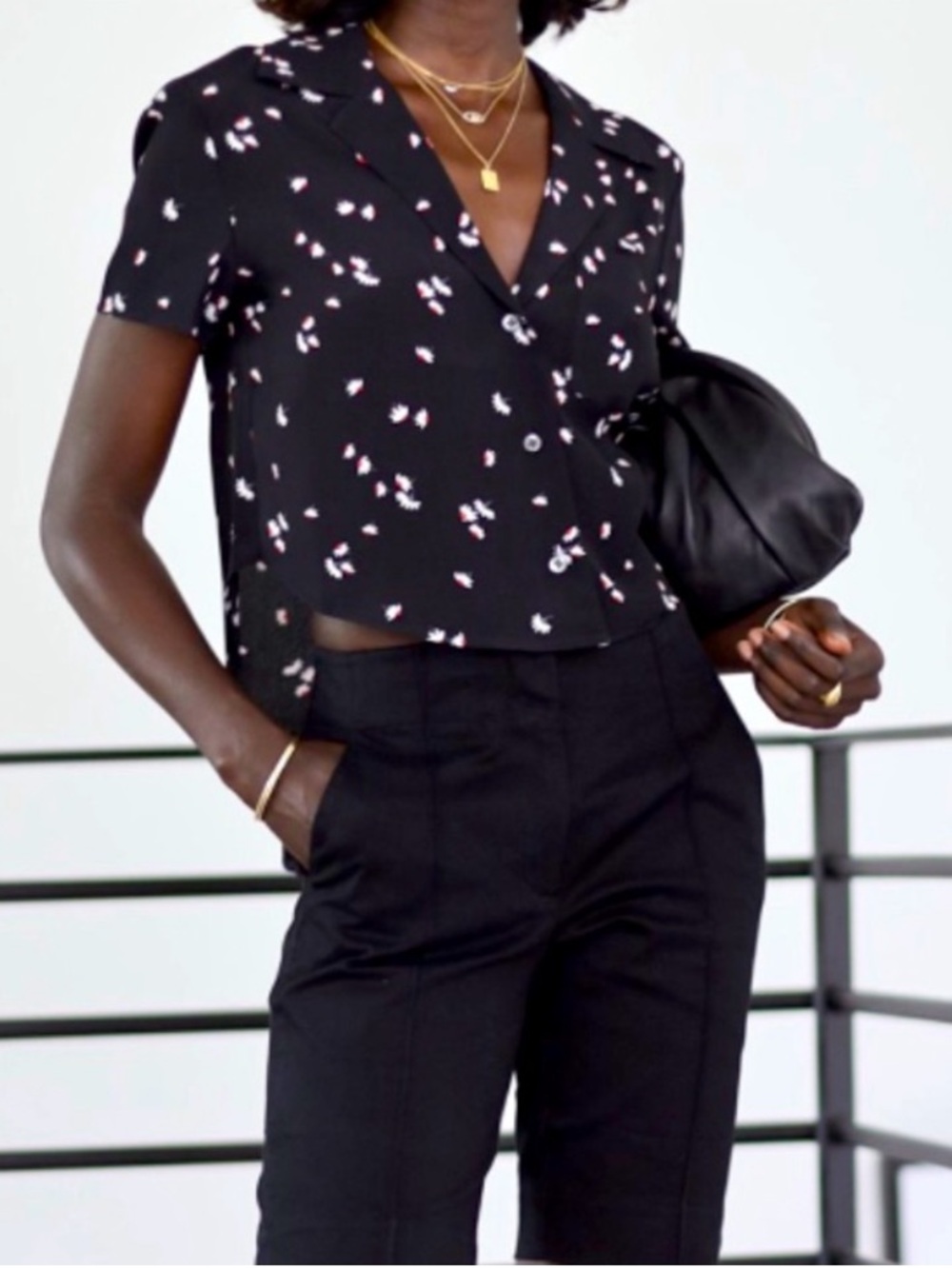Thakoon Black Button-Down Top with White and Pink Floral Daisy Print XS NWT